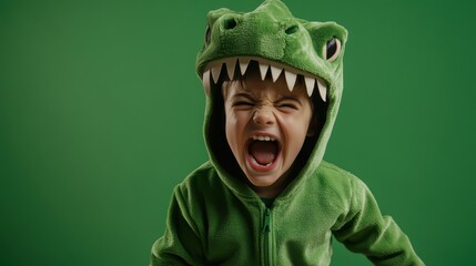 Fototapeta premium A Toddler Roaring in a Green Dinosaur Costume Against a Vibrant Green Background