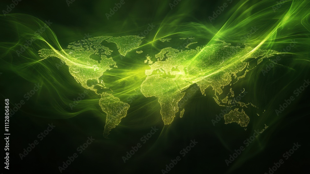 Poster global map in green light with ethereal flowing background effects