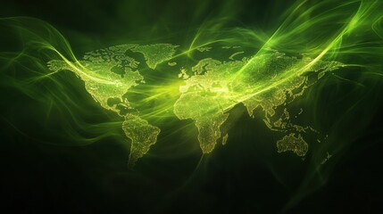 Naklejka premium Global Map in Green Light with Ethereal Flowing Background Effects