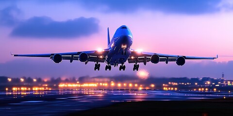 A magnificent aircraft lifts off the runway as vibrant hues of sunset illuminate the sky, marking the significance of Civil Aviation Day and honoring aviation achievements