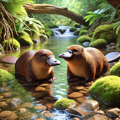 Platypuses sitting on river rocks surrounded by greenery