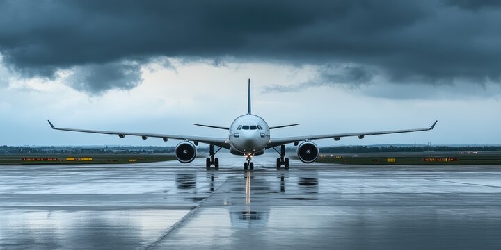 A poised aircraft stands ready on the runway, reflecting the spirit of Civil Aviation Day against a backdrop of dark, flowing clouds and shimmering pavement