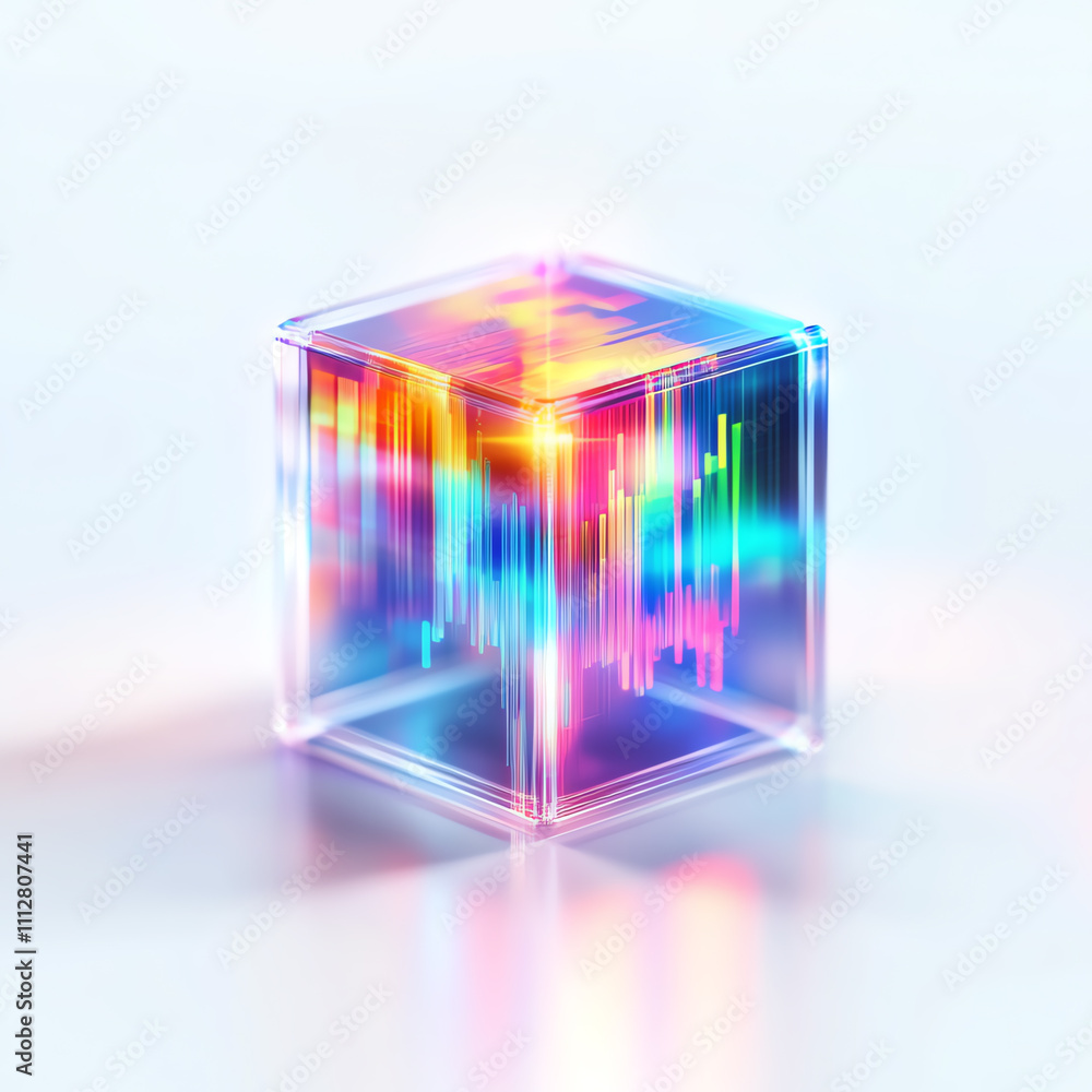 Poster a vibrant, transparent cube with colorful light patterns and reflections.