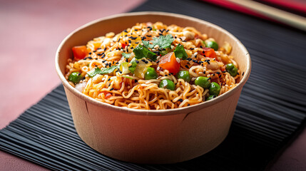 Noodle bowl filled with colorful vegetables served in a cardboard container at a casual dining setting. Generative AI