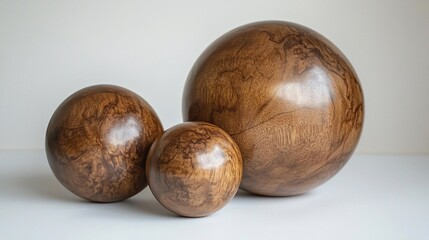 Fototapeta premium Three wooden spheres of varying sizes, exhibiting unique wood grain patterns.