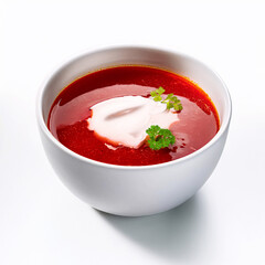 Borscht soup in white bowl on white background