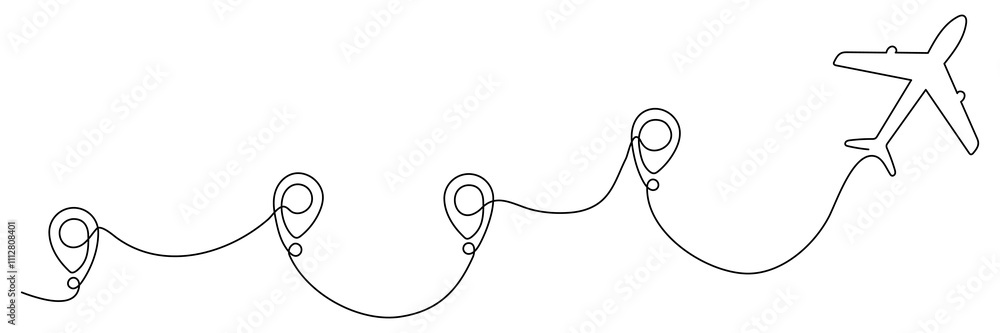 Poster airplane continuous line drawing with map pin pointer. airplane flying with start point route. trave