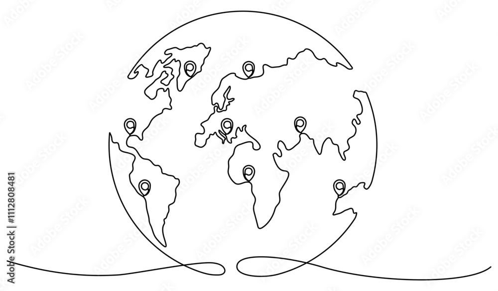 Poster earth globe with location markers continuous line drawing. pointer symbols on world map. journey and