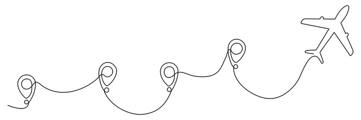Obraz premium Airplane continuous line drawing with map pin pointer. Airplane flying with start point route. Travel destination symbol. Vector isolated on white.