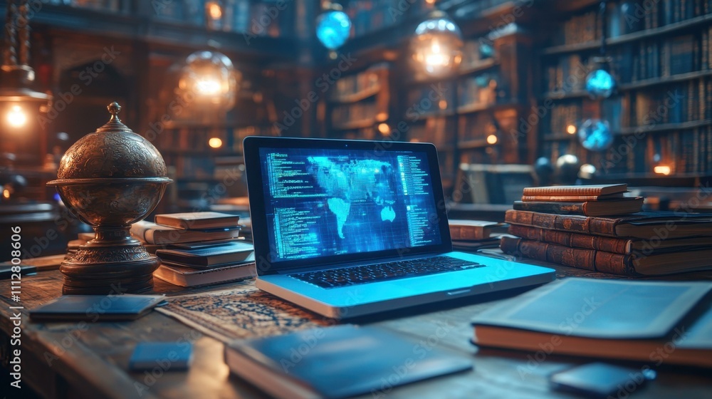 Poster coding workspace vintage. vintage library with laptop open on desk showing coding screen, remote wor
