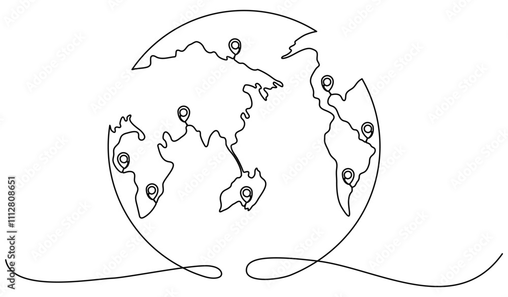 Poster earth globe with location markers continuous line drawing. pointer symbols on world map. journey and