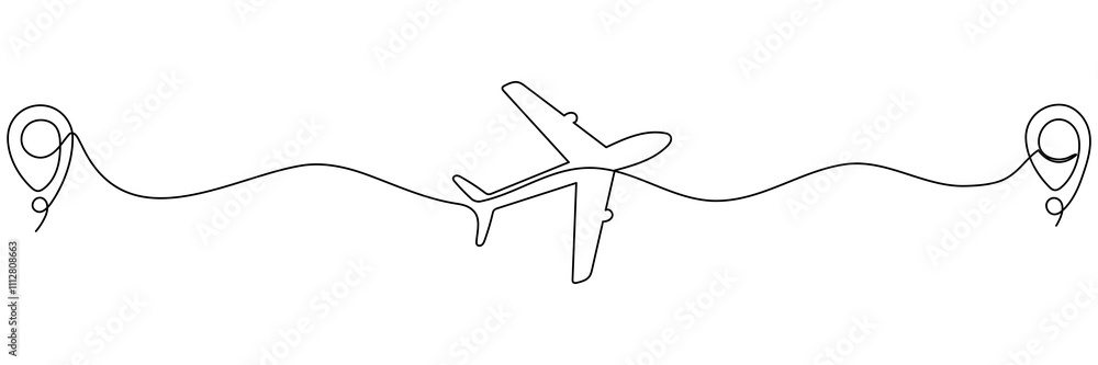 Poster airplane continuous line drawing with map pin pointer. airplane flying with start point route. trave