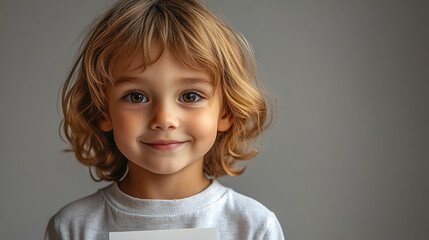 Naklejka premium Child with curly hair smiling while holding a blank card in a simple indoor setting during daylight hours. Generative AI