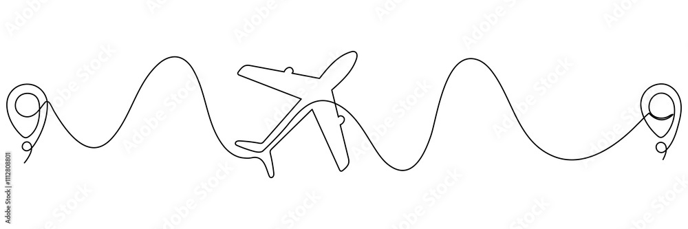Poster airplane continuous line drawing with map pin pointer. airplane flying with start point route. trave