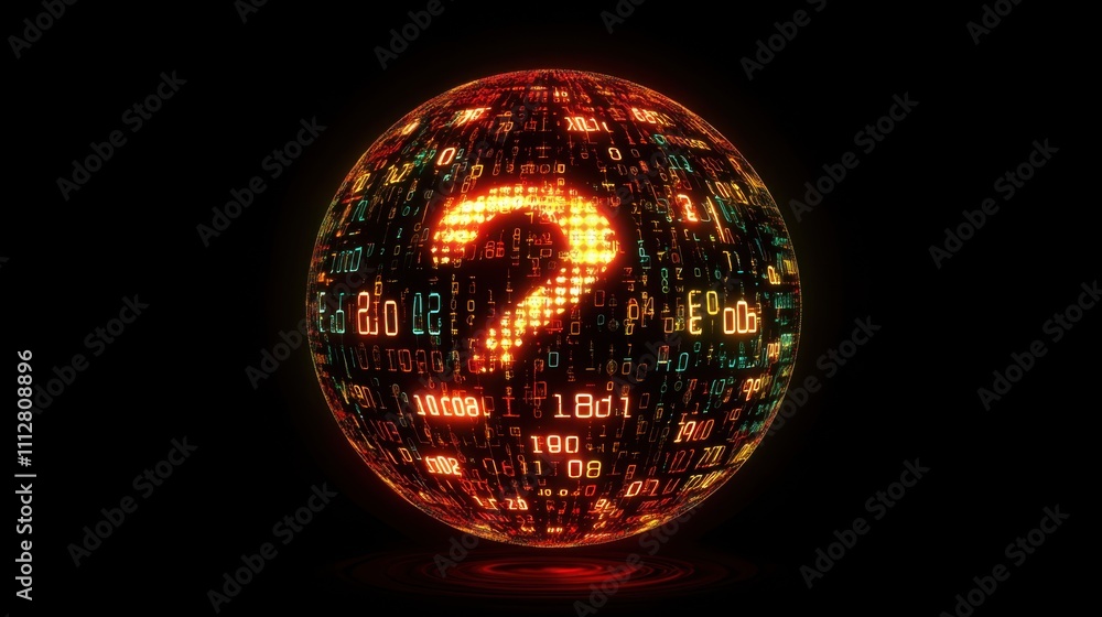 Poster digital question mark inside glowing sphere visualization