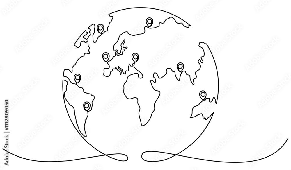 Poster earth globe with location markers continuous line drawing. pointer symbols on world map. journey and