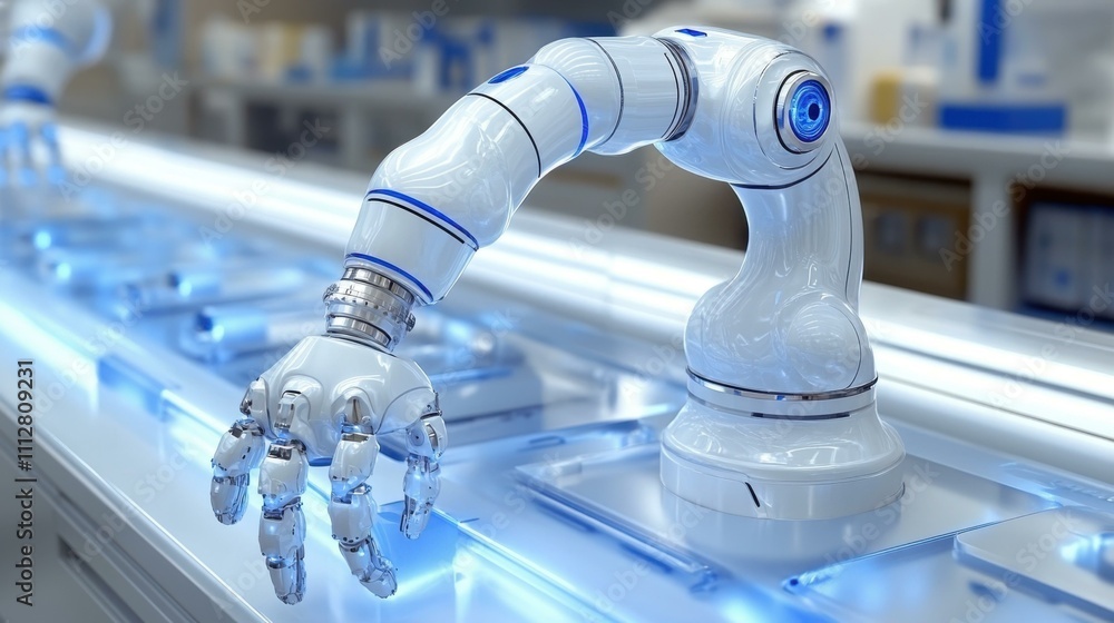 Poster smart automation system. advanced robotic arm operating on futuristic production line in high-tech f
