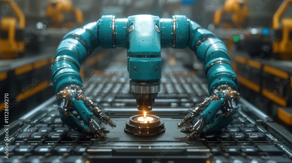 Poster smart factory automation. futuristic robotic arms assembling electronic components in high-tech fact