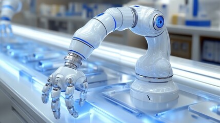 Smart Automation System. factory Intelligent Hyperautomation IIoT Artificial intelligence Machine learning engineer RightHand Robotics Nimble Presto Locus Advanced robotic arm operating on futuristic