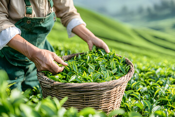 Tea Harvester’s Hands Gently Placing Freshly Picked Leaves into a Basket, Capturing the Tradition and Care in Tea Cultivation