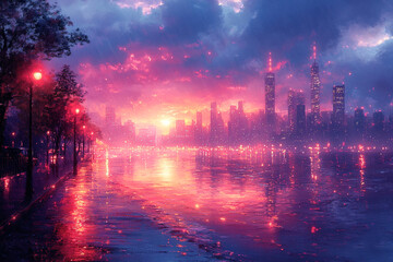Obraz premium Rainy Cityscape at Sunset with Glowing Lights
