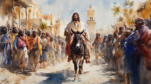 jesus entering in jerusalem on a donkey welcomed by the crowd palm sunday watercolor biblical illustration