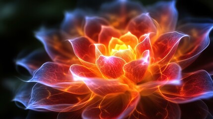 Mystical Energy Visualization. Abstract glowing flower digital art, vibrant luminous petals with fiery colors, ideal for fantasy backgrounds, mystical themes, creative design, wallpaper, meditation,