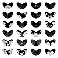 Set of twenty-four black coloured hearts with white floral elements in a flat style. Design element.