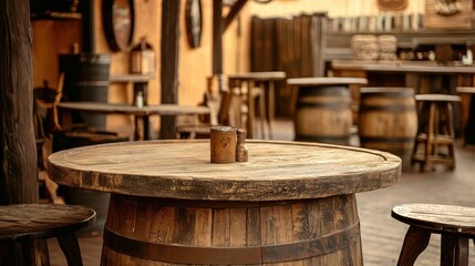 Old wooden barrels used as tables in a Wild West saloon setting