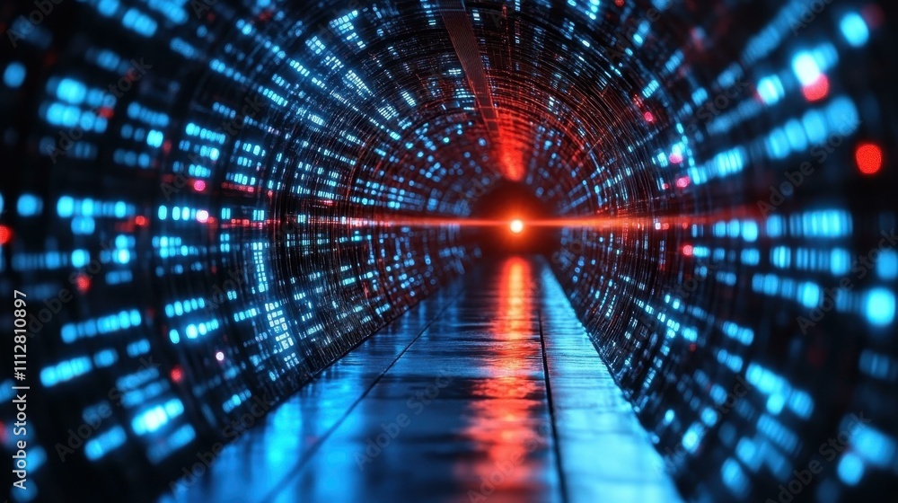 Poster cyber network visualization. futuristic digital tunnel with glowing blue and red lights, technology 
