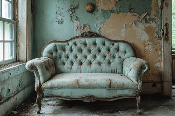 An antique teal sofa sits in a dilapidated room