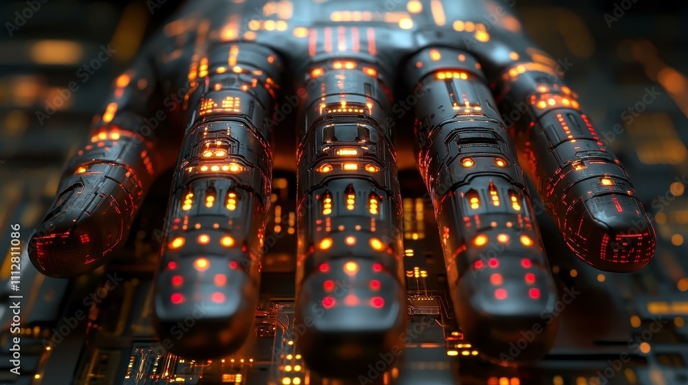Poster digital circuit innovation. futuristic robotic hand with glowing led lights on circuit board backgro