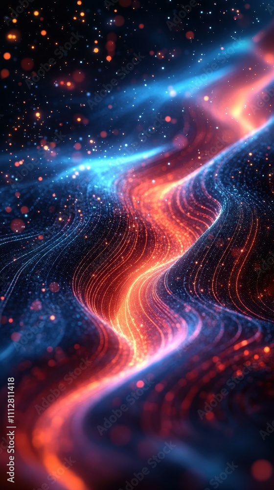 Poster the dynamic effect abstract composition of vibrant colors flowing lines and glowing particles in a d