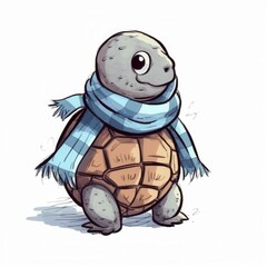 Obraz premium A cute cartoon turtle wearing a blue plaid scarf, exuding a cheerful and playful mood.