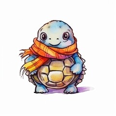 Obraz premium A cute cartoon turtle wearing a colorful scarf, smiling cheerfully while holding a shell.