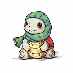 Obraz premium Cute cartoon turtle wearing a colorful scarf, exuding warmth and charm in a playful illustration.