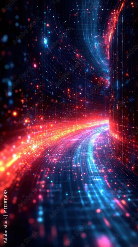 Poster cyber security visualization. futuristic digital tunnel with glowing neon lights and data streams, t