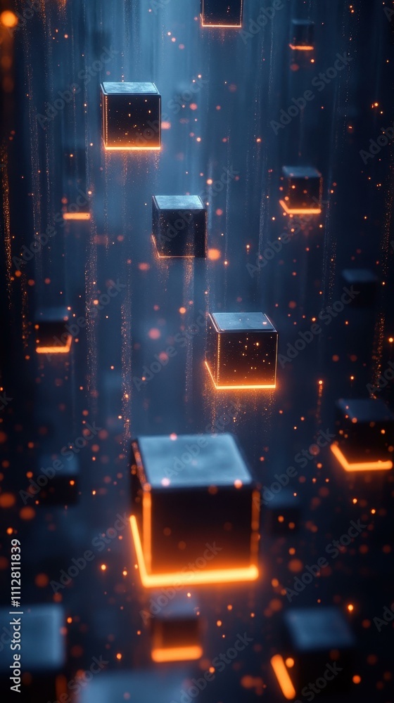 Poster virtual reality simulation. futuristic glowing cubes floating in digital space abstract technology b