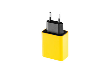 adapter for charger with USB and Type C connector, yellow, on isolated or white background close-up