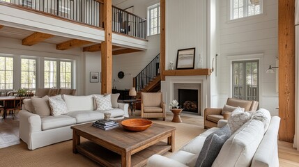 Fototapeta premium Spacious Farmhouse Living Room with High Ceilings and Exposed Beams Stunning Interior Design