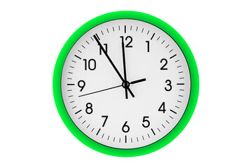 Green watch, wall clock 11 hours 45 minutes on isolated or white background close up