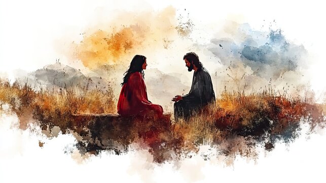 jesus talking to a samaritan woman at the well digital watercolor illustration