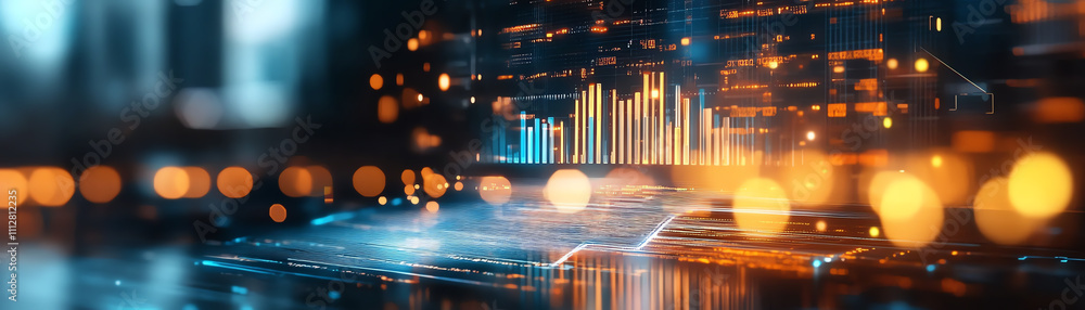 Poster futuristic digital data visualization with glowing charts and modern cityscape.