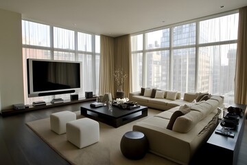 Fototapeta premium This image showcases a modern, luxurious living room with a sophisticated design, featuring large floor-to-ceiling windows that offer a panoramic view of the city skyline.