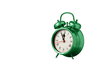 retro clock, watch, pointer clock, Green color alarm clock on isolated white background close up