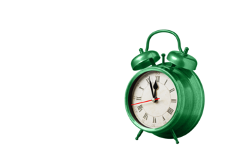 retro clock, watch, pointer clock, Green color alarm clock on isolated white background close up