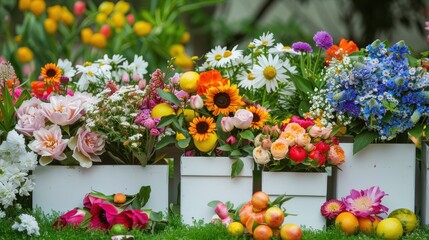 Fototapeta premium Floral Arrangement with Lemons, Sunflowers and White Boxes