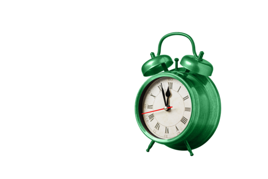 retro clock, watch, pointer clock, Green color alarm clock on isolated white background close up