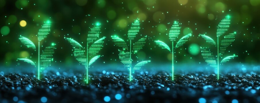 Digital Green Sprouts with Binary Code Against a Sparkling Background