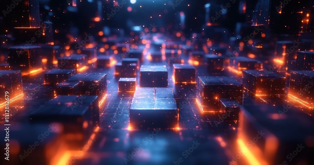 Poster digital network security. futuristic glowing cubes digital network technology background, abstract b